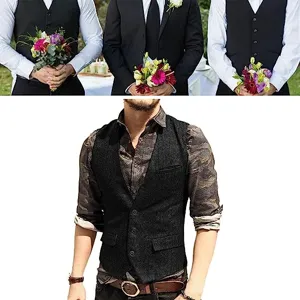 Men's slim fit herringbone waistcoat, stylish single-breasted suit vest for formal business.