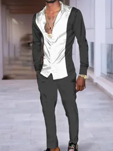 Set camicia a maniche lunghe e pantaloni casual da uomo, design bicolore, stile moderno.