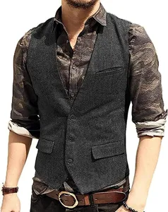 Men's slim fit herringbone suit vest single breasted casual waistcoat for autumn winter season.