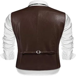 Gilet slim in pelle PU marrone da uomo, cinturino regolabile sul retro, stile autunnale.