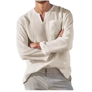 Herren Langarm V-Ausschnitt Freizeit Leinenhemd mit Tasche Einfarbig Strand Oberteil.