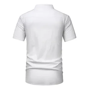 Back view detail of casual mens short sleeve white shirt, showing clean fit and breathable fabric.