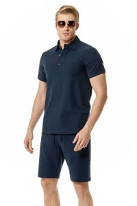 Men linen blend short sleeve polo shirt and shorts set casual beach summer outfit navy blue