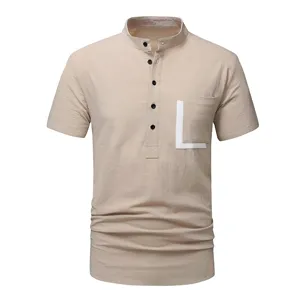 Men's casual short sleeve henley shirt cotton linen mandarin collar block pocket top