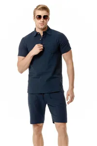 Men cotton linen short sleeve lapel casual beach set summer two piece outfit dark blue