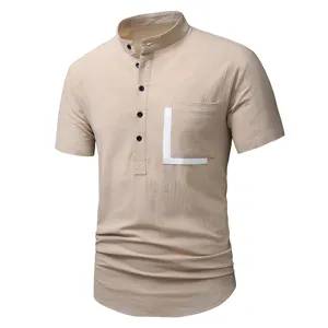 Men's casual linen short sleeve henley shirt with chest pocket and color block design detail.