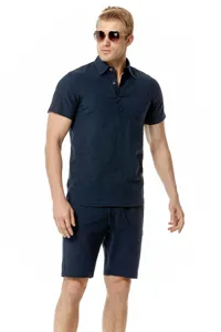 Men's Cotton Linen Casual Short Sleeve Polo Shirt and Shorts Beach Set Summer Outfit