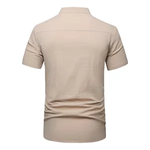 Back view detail of casual solid beige short sleeve men shirt with stitching design.