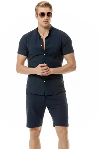 Detail view of men casual cotton linen henley shirt and shorts set in dark blue.