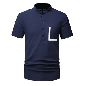 Men's casual short sleeve cotton linen henley shirt with chest pocket and letter print.