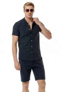 Men casual cotton linen short sleeve set detail view showing breathable fabric texture.