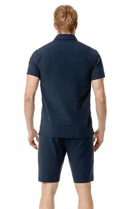 Men cotton linen short sleeve shirt and shorts set casual summer beachwear outfit back view.