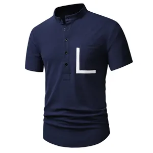 Short sleeve Henley shirt with chest pocket and white letter detail, soft fabric.
