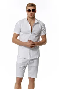 Men's casual linen set short sleeve henley shirt and shorts detail view for beach summer.