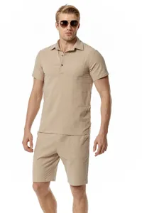 Men's casual cotton linen short sleeve polo shirt and shorts set for summer daily wear.
