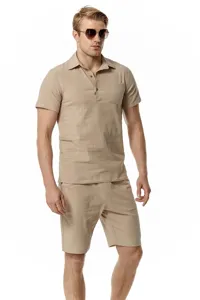 Men's casual cotton linen short sleeve polo shirt and shorts beachwear set for summer.