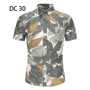 Men's short sleeve tropical leaf print Hawaiian shirt slim fit button down casual beach top