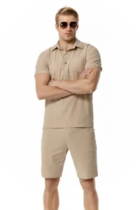 Men's casual cotton linen short sleeve polo shirt set beach outfit summer daily wear male.