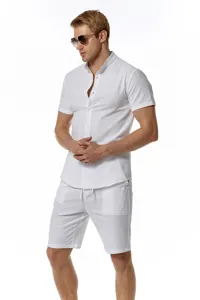 Men casual cotton linen set summer short sleeve henley shirt beach shorts outfit detail
