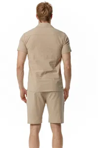 Men casual cotton linen short sleeve shirt and matching shorts beach set summer outfit apparel