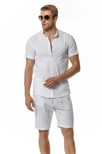Men casual linen short sleeve shirt and shorts set summer beach streetwear outfit white