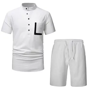 Men's casual linen henley shirt and shorts set summer two piece beach outfit white