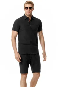 Detailed view of the black cotton linen short sleeve shirt and shorts set for men.