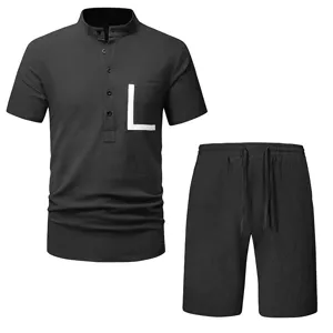 Men's casual cotton linen henley short sleeve shirt and shorts set summer fashion outfit