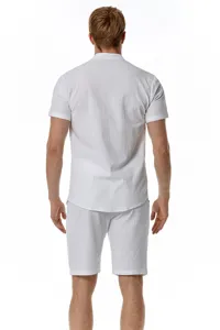 Back detail view of white men's casual linen short sleeve shirt and matching shorts for summer.