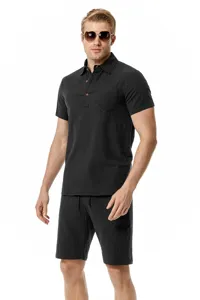 Detail view of men's linen short sleeve polo shirt and matching casual beach shorts set.