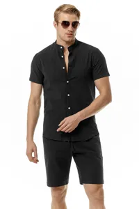 Men's casual linen cotton henley shirt and shorts set for summer beach wear, black color.