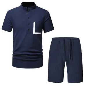 Men's casual linen henley shirt shorts set solid color summer outfit with pocket detail.