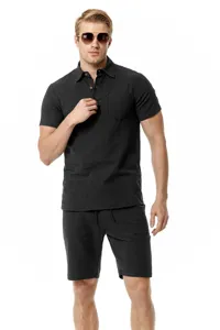 Men's casual cotton linen short sleeve polo shirt and shorts beach suit summer outfit.