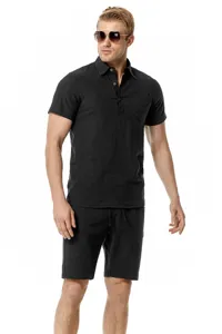 Men cotton linen short sleeve lapel casual beach set with pocket, comfortable summer outfit.
