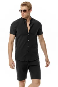 Men's casual linen short sleeve shirt and shorts close up detail, perfect summer beach wear.