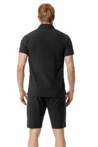 Detailed back view of men casual cotton linen short sleeve shirt and shorts set in black.