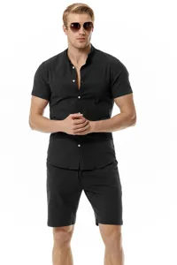 Men's casual cotton linen henley shirt and shorts set detail, breathable summer beach wear.