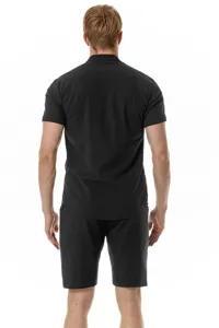 Back detail view of men's casual cotton linen short sleeve shirt and shorts beach set.