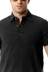 Men's black cotton linen short sleeve polo shirt casual beach top with chest pocket.