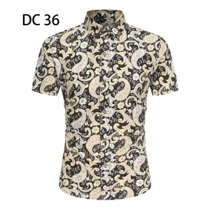 Detailed close-up view of the men's casual short sleeve paisley printed button-up shirt top.