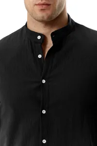 Men black linen henley shirt detail view, breathable casual mandarin collar top with white buttons.