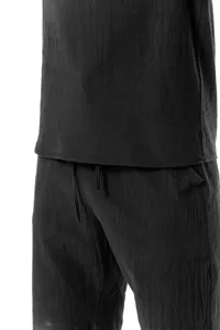 Men black cotton linen casual short sleeve shirt drawstring shorts detail view summer wear