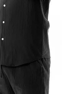Men casual linen cotton shirt pants set detail view, black breathable summer beach outfit.