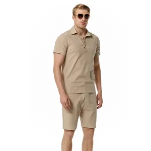 Men's cotton linen casual short sleeve polo shirt and shorts set summer beach streetwear