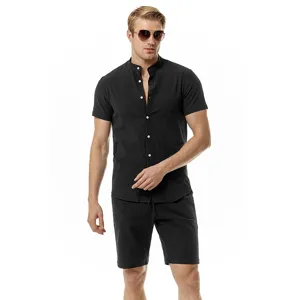Men casual cotton linen short sleeve shirt and shorts set beach henley outfit main view