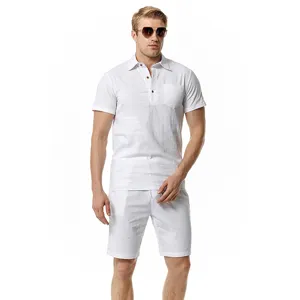 Men casual cotton linen polo shirt and shorts set beach summer outfit white main view
