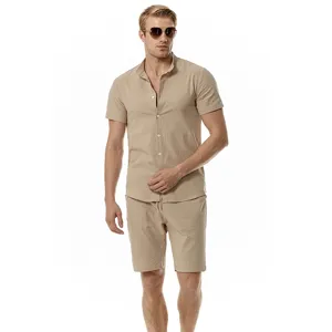 Men's Casual Linen Outfit Short Sleeve Mandarin Collar Shirt And Shorts Beachwear Set