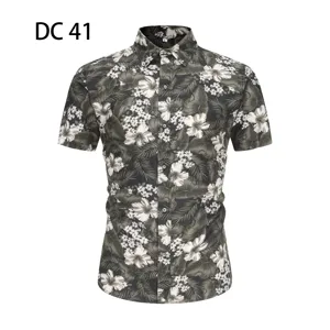 Men short sleeve Hawaiian aloha shirt tropical floral print slim fit button down beach top detail