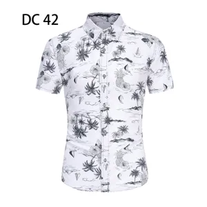 Men's tropical palm print short sleeve shirt detail, casual button-down collar design.