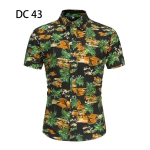 Men's tropical palm print short sleeve shirt detail, black Hawaiian summer beach casual top.